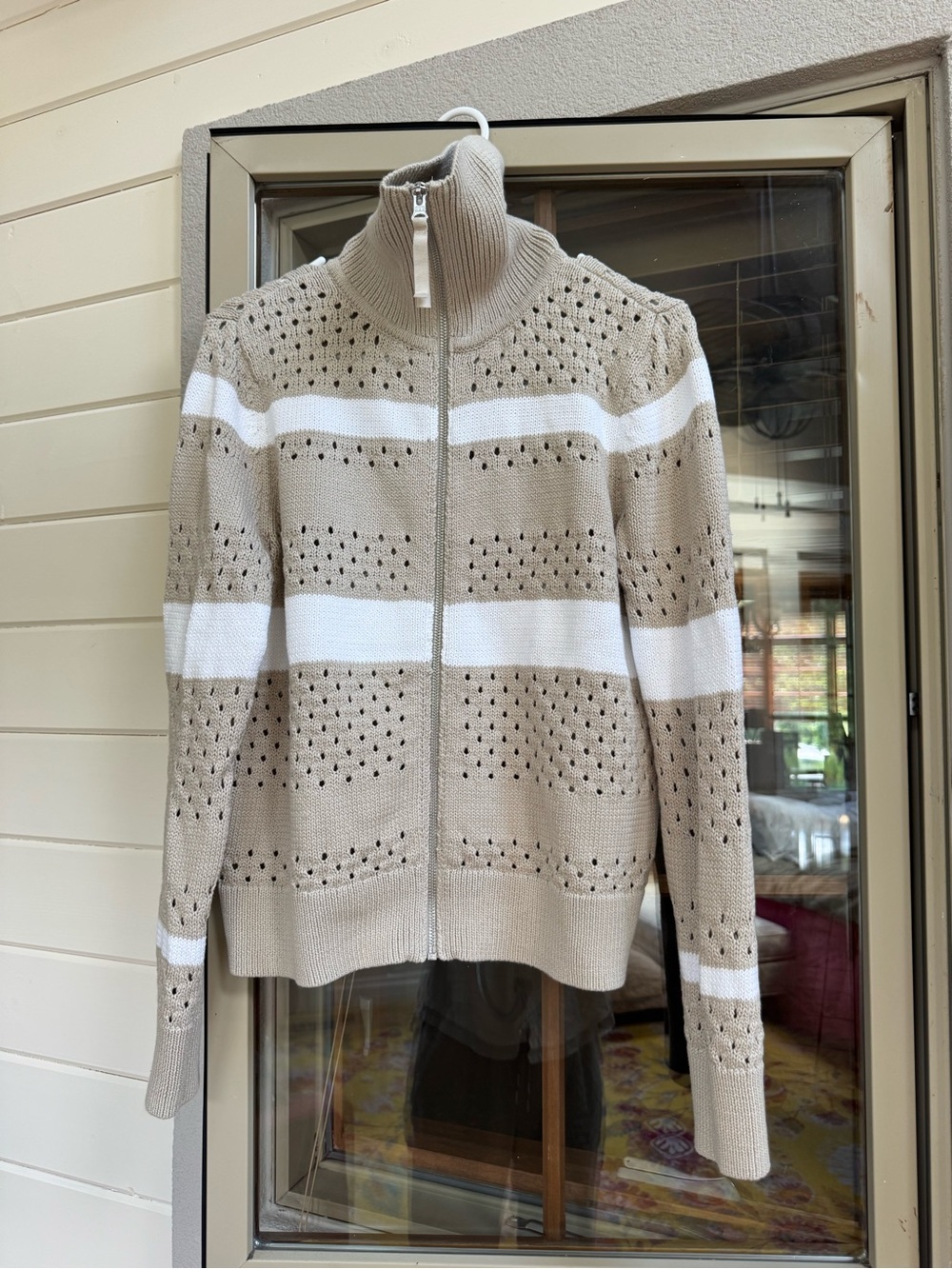 Talbots Taupe & White Striped Zip-Up Cardigan Sweater